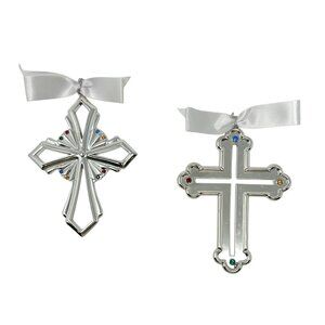 Set of 2 Silver Cross Ornaments w/ Multicolor Gemstones & White Ribbon - Vintage